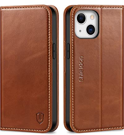 SHIELDON Hülle für iPhone 13 Handyhülle 5G [Echtleder] [Kartenfach] [Magnet] [Standfunktion] [RFID-Sperre] Schutzhülle TPU Lederhülle Case Kompatibel mit iPhone 13 6.1 - Retro Braun