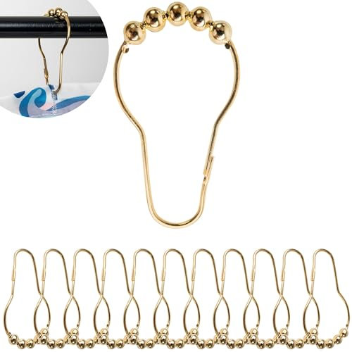 Duschvorhang Ringe, 12 Stück, in Gold-Farben, mit Kugel-Gleitsystem, 7 x 3,9 cm Größe, für Duschvorhangstangen, aus Metall, Ring Duschgardine, Duschvorhangringe, Duschvorhang Haken, Metallringe