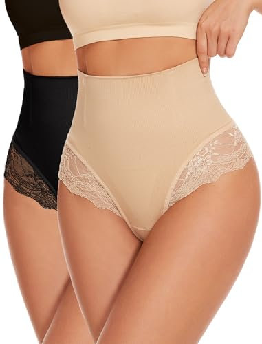SURE YOU LIKE Damen Bauchweg Unterhose Tanga Miederhose Spitzes Shapewear Miederslip String Untere Bauchkontrolle Shaping Unterwäsche, Beige/Schwarz, L