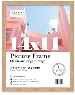 Almost Frameless 14x11 Oak Picture Frame 14x11(35.6x27.9cm) Poster, Photo, Artwork, or Print. Thin Edge Slim Frame Portrait and Landscape Display with Wall Hooks