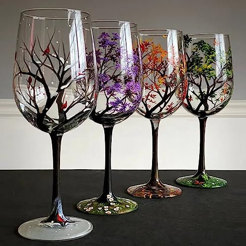 Verres à Vin d'Arbre de Quatre Saisons - Peints à la Main, Feuilles d'Automne, Fleur, Colorés - Tasse en Verre Unique (4 Pièces)