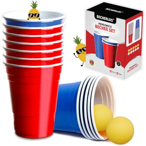 American Becher [50+10] Partybecher Set – 50 Partybecher (473 ml) + 10 Tischtennisbälle – Trinkbecher – Party Gadget – Rote & Blaue Mehrwegbecher – Robuste Trinkbecher für Spiele, Events & Partys –