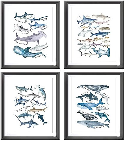 Aquarell-Poster mit rustikalen Haien, Walen und blauem Meer, Ozean, Tier-Posterdrucke für Zuhause, Küste, Schlafzimmer, Kinderzimmer, Raumdekoration, pädagogische Hai-Themen-Dekorationen, Drucke,