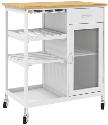 HOMCOM Desserte de Cuisine Chariot deservice à roulettes Multi-Rangement avec casier à vin, tiroir, Porte, étagères Blanc