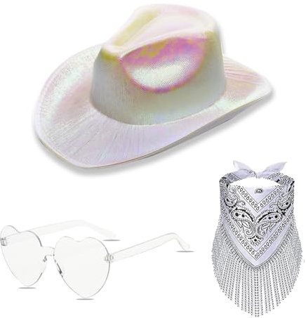 ZOOMPIL Schillernder weißer Cowboyhut, Cowgirl Hut Glitzer, Cowboyhut mit blinkender Krempe, 3pcs mit Herz Brille und Bandana, Cosplay Party Halloween Karneval Kostüm Zubehör