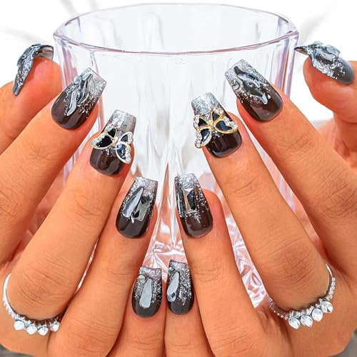 Sethexy Black Rhinestone Handmade Fake Nail Medium Coffin False Nails Crystal Acrylic Glossy Press on Nail Salon Nails Metallic for Women and Girls 10PCS (F)