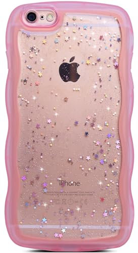 Qokey for iPhone 6S Plus Case,for iPhone 6 Plus Case 5.5,Curly Wavy Transparent Bling Glitter Star Shiny Cute Clear Transparent Full Protection Soft TPU Shockproof Cover for Women Girls,Pink