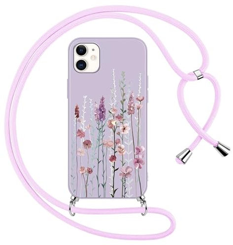 Foonary Funda con Cuerda para Apple iPhone 11 6,1, Carcasa Ultrafina Silicona Aesthetic Dibujos Case con Ajustable Collar Correa de Cuello Cordón Antigolpes Cover para iPhone 11, Lavanda