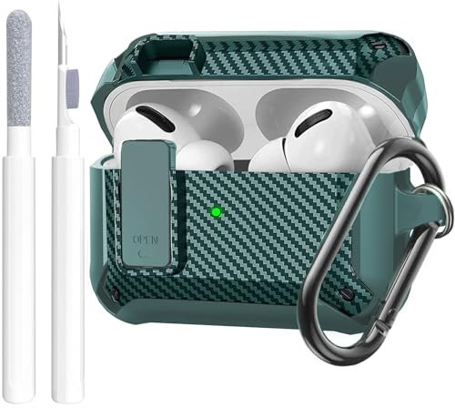 OTOPO for Airpods Pro 2/1 Case Cover with Lock Clip (2019/2022/2023), Rugged Case for Airpod Pro 2nd/1st Generation Shockproof Protective Skin with Keychian&Cleaning Kit for Apple iPod Pro, CF Green
