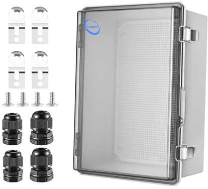 RTHIEAI Waterproof Outdoor IP67 Junction Box (13.8x9.8x5.9) with Mounting Plate, Hinged Clear Cover and Wall Brackets - Weatherproof ABS Plastic Electrical Enclosure for DIY Projects(350x250x150mm)