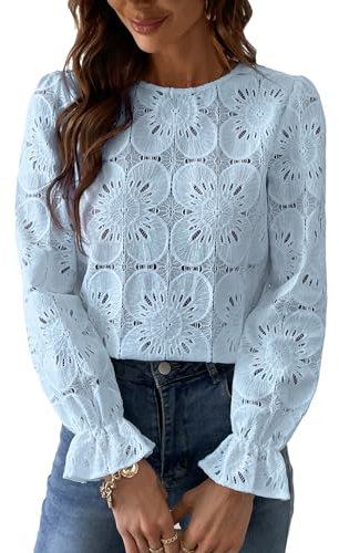 CUPSHE Women Blouse Cutout Flower Top Round Neck Long Sleeve Elastic Cuffs Elegance Shirt Light Blue L