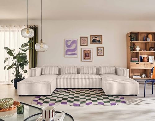 Lisa Design Stella - Wohnlandschaft U-Form - 7 Sitzplätze - aus grob geripptem Samt Weiß