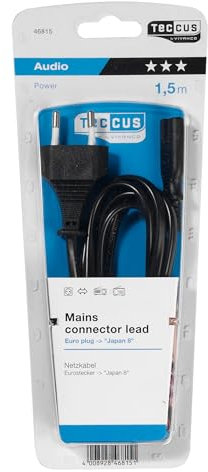 VIVANCO Teccus Netzkabel, Euro-Stecker auf Japan 8, 1,5m, schwarz. Netzanschlusskabel, Stromkabel für Kleingeräte