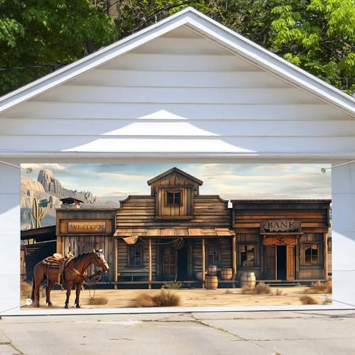 Hintergrund für Garagentor, 1,8 x 3,5 m, Vintage-Stil, Wilder Westen, Holzhaus, Fotografie, Bilder, Hintergrund, altes Pferd, Scheune, Western-Cowboy, Themenparty, Innen- und Außenbereich, Dekoration,
