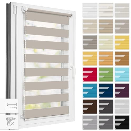 Estika Doppelrollo Klemmfix ohne Bohren, Breite alle 1 cm - 45 cm x 220 cm - Grau-braun - Tag und Nacht Duo Rollo, Rollos für Fenster ohne Bohren, Fenster sichtschutz
