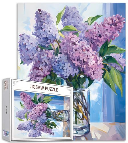 1000 Piece Jigsaw Puzzles for Adults, Purple Lilac in a Glass Vase Jigsaw Puzzles，Blue Flowers with Green Leaves Puzzle，Challenging Family Activity Perfect for Game Nights，Floral Puzzle Wall Art Decor