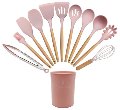 Silicone Kitchen Utensils Set with Wooden Handle, 12-Piece Silicone Cooking Utensils Non-Stick Heat Resistant Cookware, BPA-Free, Stirring Kitchen Tools Set, Spoon, Tongs, Whisk, Brush, Spatula-Pink