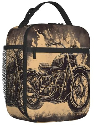 Mexpekil Retro Motorcycle Insulated Lunch Bag for Women Men Thermal Lunch Box Portable Picnic Cooler Bag with Side Mesh Pocket Adults Lunchbox for Work