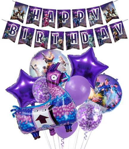 cjyx2 Ballons décoratifs d'anniversaire pour garçon Fort-Nit - Jeu vidéo - Guirlande de jeux vidéo - Guirlande de gâteau - Ballons en aluminium - Bannière Happy Birthday pour fête