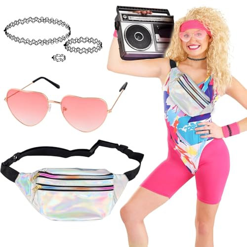 COEKI 80er 90er Jahre Malle Party Outfit Mallorca Outfit Metallic Bauchtasche Gürteltasche Herz Party Brillen für Hippie Neon Malle Mallorca Fasching Karneval Cosplay Kostüme Accessoires