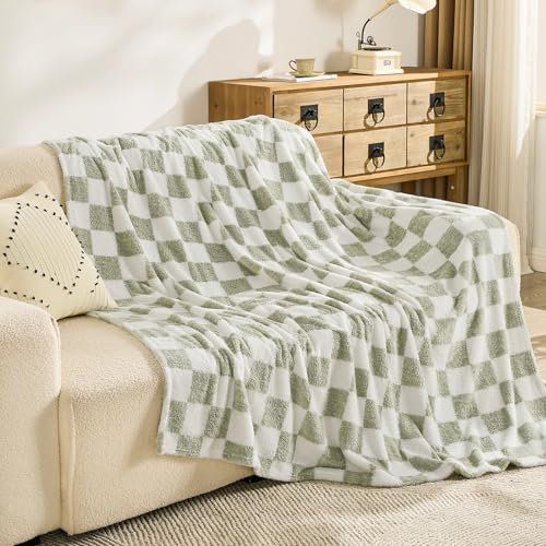 EMME Kuscheldecke Flauschige Sherpa - Karierte Decke 200 x 230 cm, Weiche Warme Wolldecke&Fleecedecke, Tagesdecke, Überwurfdecke, Decke für Sofa, Couch, Salbei Grün