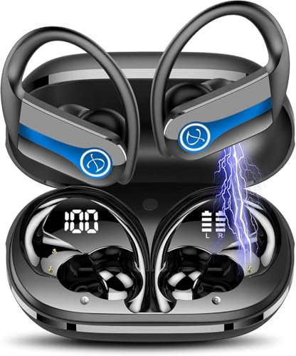 Btootos Cuffie Bluetooth Sport, Auricolari Bluetooth 5.3 con Mic Stereo, Cuffie Wireless con Ricarica Rapida USB-C, Cuffiette Bluetooth Doppio Display LED IP7 Impermeabili, Cuffie Senza Fili, Nero Blu