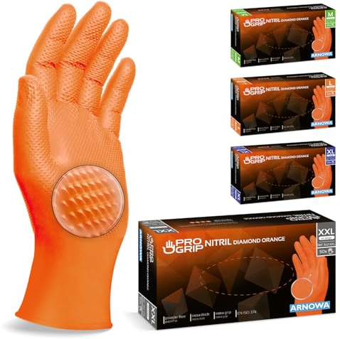 100x PROGRIP Einweghandschuhe Diamant Grip Orange, Nitrilhandschuhe XXL | Einmalhandschuhe Extra Stark, Handschuhe Einweg griffig, latexfreie Arbeitshandschuhe für Werkstatt & Montage M, L, XL, XXL