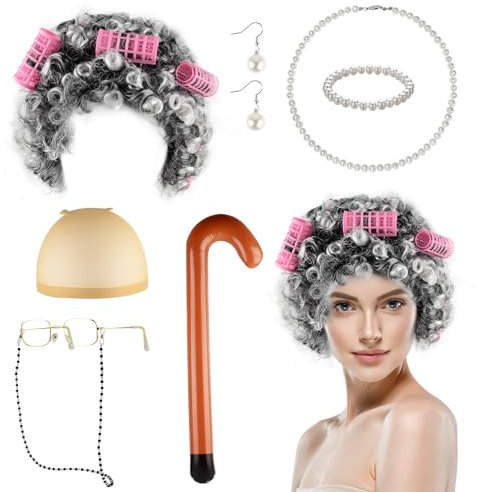 DASHUAIGE 15 Pcs Old Lady Fancy Dress Set,Grey Granny Wig Cap Pearl Necklace Earrings Bracelet Cane Glasses with Chain Accessories Kit for Halloween World Book Day Masquerade Carnival (White)