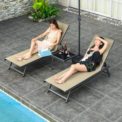 CSBH Patio-Aluminium-Chaiselongue mit Verstellbarer Rückenlehne, tragbare Camping-Pool-Loungesessel for das Sonnenbad am Pooldeck, Outdoor-Loungesessel im 3er-Set(Beige)