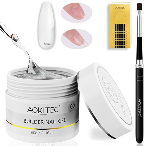 Aokitec Building Gel Kit: 60g Builder Hard Gel with Brush Nail Forms for Creating C-arc of Nail Surface, Acrylic Kit for Extension & Repair, Home Salon Use, Clear