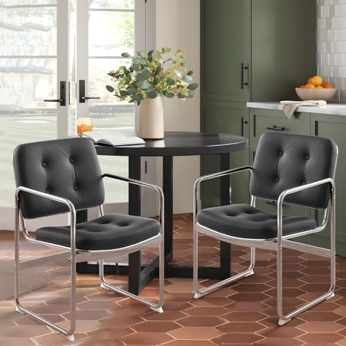 COLAMY Modernes Essstuhl-Set 2er, Knopfgepolsterter PU-Leder-Esszimmerstuhl mit Metallbeinen für Zuhause/Wohnzimmer/Büro/Esszimmer, Schwarz