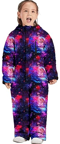 GEMYSE Combinaison de Ski pour Enfant Fille Garçon avec Capuche Imperméable et Chaude Hiver Ensemble de Neige Coupe-vent(Bleu Violet,140-146)