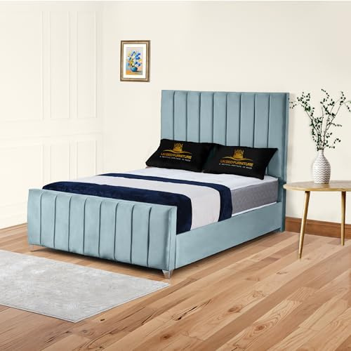 Richmond Upholstered Bed Frame in Plush Velvet | Elegant Vertical Panel Headboard & Footboard | Gas Lift Storage or Wooden Slats (Sky, 4FT6 Double No Storage Slat Base No Mattress)