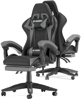 Racingreat Sedia da gaming, ergonomica, per gamer, con cuscino lombare e poggiatesta, regolabile in altezza, sedia per computer, per ufficio, per adulti, ragazze e ragazzi (Con poggiapiedi,Grigio