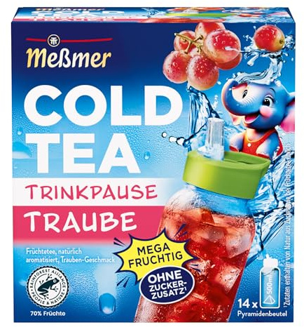 Meßmer Cold Tea Trinkpause Traube – Kaltaufguss mit 14 Pyramidenbeuteln | Fruchtiger Früchtetee mit Trauben-Aroma für Kinder, ohne Zuckerzusatz, von Natur aus koffeinfrei – 1 Beutel für 500 ml