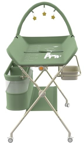 Klappbare Wickelkommode, Baby Wickelkombi, mobiler Wickeltisch mit Wickelauflage und Ablagefächern, platzsparend und stabil,75 x 68 x 83–91 cm (B) Grün