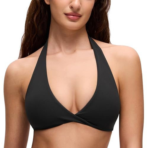 CRZ YOGA Butterluxe Double Lined Twist Halter Sports Bras for Women - Deep V Neck Crop Top Casual Open Back Non Padded Black Small