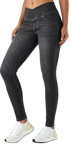 LaiEr Damen V Crossover Skinny Jeans Hohe Taille Bauchkontrolle Casual Fitness Leggings, Weich und elastisch Casual Faux Denim Print mit Seitentaschen