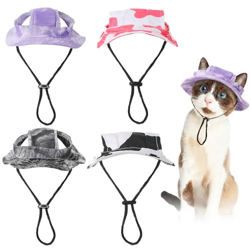 GSrenyu 4 Pcs Cat Hats,Adjustable Bucket Hat with Ear Holes,Kitten Sun Sombrero Caps,Pet Fisherman Hats for Pupies Small Dogs Cat Outdoor Sport