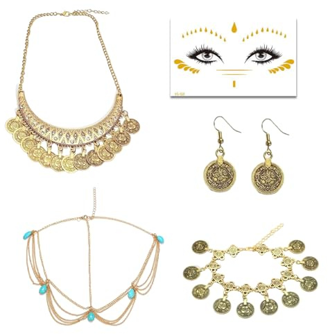 4 Teiliges Wahrsagerin Kostüm Gold Schmuck Set, Antike Münz Halskette, Ohrringe, Kopfkette, Orient Armband, Gesicht Tattoo, Gold Schmuck, Wahrsagerin Accessoires, Fasching Karneval Motto Party Damen