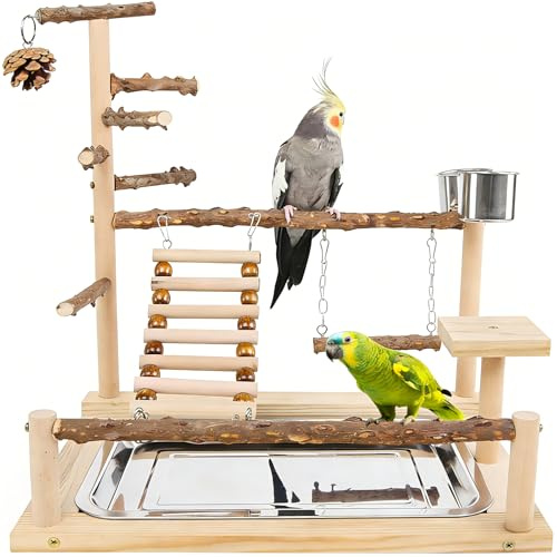 Wooden Bird Playground Parrot Play Stand with Feeder Cups, Swing, Climb Ladder & Tray - Exercise Gym Toys & Training Perch for Parakeets, Cockatiels, Budgies & Small to Medium Birds