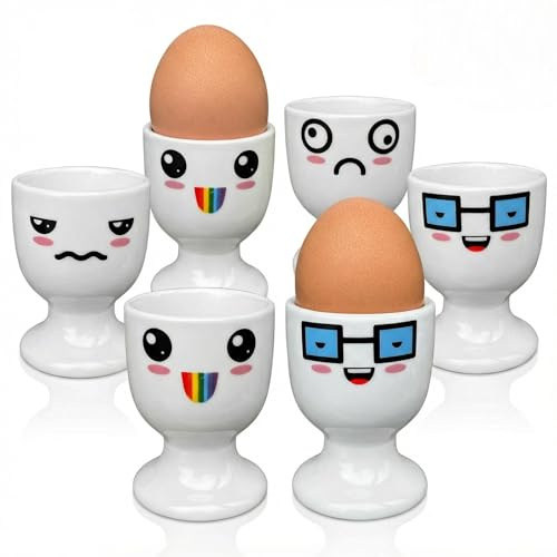 MIJOMA Set 6 Porzellan Eierbecher Funny Faces Kollektion 1 – ca. 7x5 cm – beidseitige Gesichter, spülmaschinenfest, für Frühstück und Brunch
