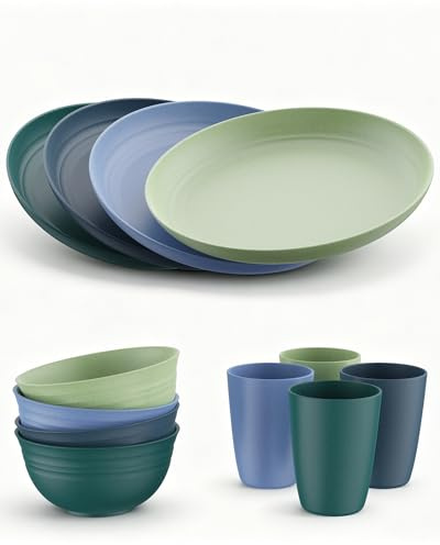 HOMGEN 12Pcs Camping Plastic Plates and Bowls Set Lightweight & BPA Free | Microwave&Dishwasher Safe, Stackable & 4 Colors Plates Bowls Cups, Unbreakable Party Dinner Set for 4, for Home, Picnic, RV
