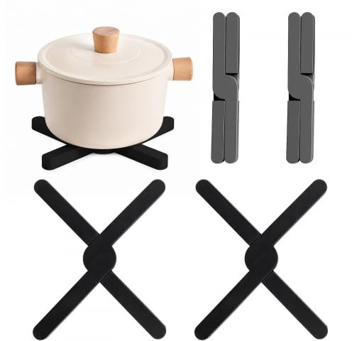 4 Pack Folding TPR Trivets Heat Resistant Worktop Protector Non Slip Pot Holders Pan Stands for Hot Pans Dishes Cups Multi Purpose Kitchen Accessories(Gray, Black)
