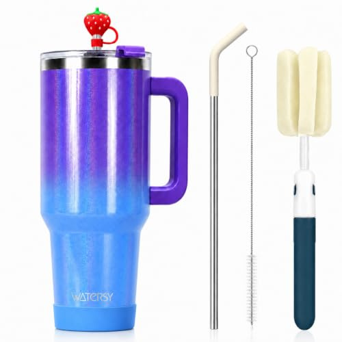 LeuKoles 40oz Watersy Thermobecher mit Griff und Strohhalm, doppelwandiger Edelstahl Kaffeebecher to Go (34h kalt haltend), Vakuum Trinkbecher für Tee, kalte Getränke und Kaffee (Lila Farbverlauf)