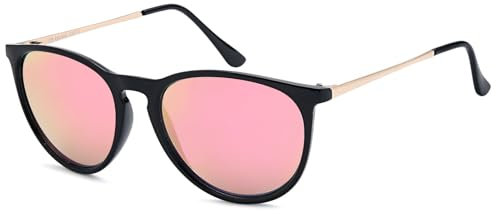 styleBREAKER Damen Sonnenbrille mit ovalen Gläsern und Metallbügeln | Kunststoffrahmen mit UV400 Schutz | Sommerbrille mit Verlauf oder Spiegelglas, Gestell Schwarz/Glas Pink verspiegelt