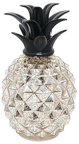 Romingo Mercury Glass Pineapple Lamp 9 Inch Batteries Operated Night Light with Timer for Living Bed Room, Women's Gift for Wife Girl Friend Silver