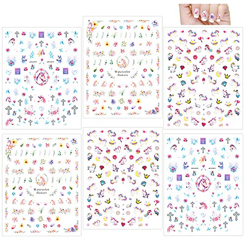 Howaf Einhorn 3D nagelsticker selbstklebend (500+ Design), Einhorn Nagelaufkleber Nail Art Sticker Nagel Abziehbilder für Mädchen Mitgebsel Kindergeburtstag geschenktüten DIY Nagel Kunst Dekoration