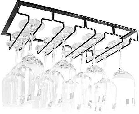 FIAMER Porte-verres à vin en métal - Support sous armoire en acier inoxydable pour décoration de table, organiseur de bar et cuisine (Black, 4 Rows 1 Pack)