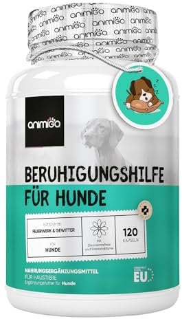 Beruhigungsmittel für Hunde - 120 Entspannung Kapseln mit Taurin, Ashwagandha, Passionsblume & Vitamin B1 - Alternative zu Schlaftabletten bei Angst, Stress, Nervosität - Hohe Akzeptanz - animigo